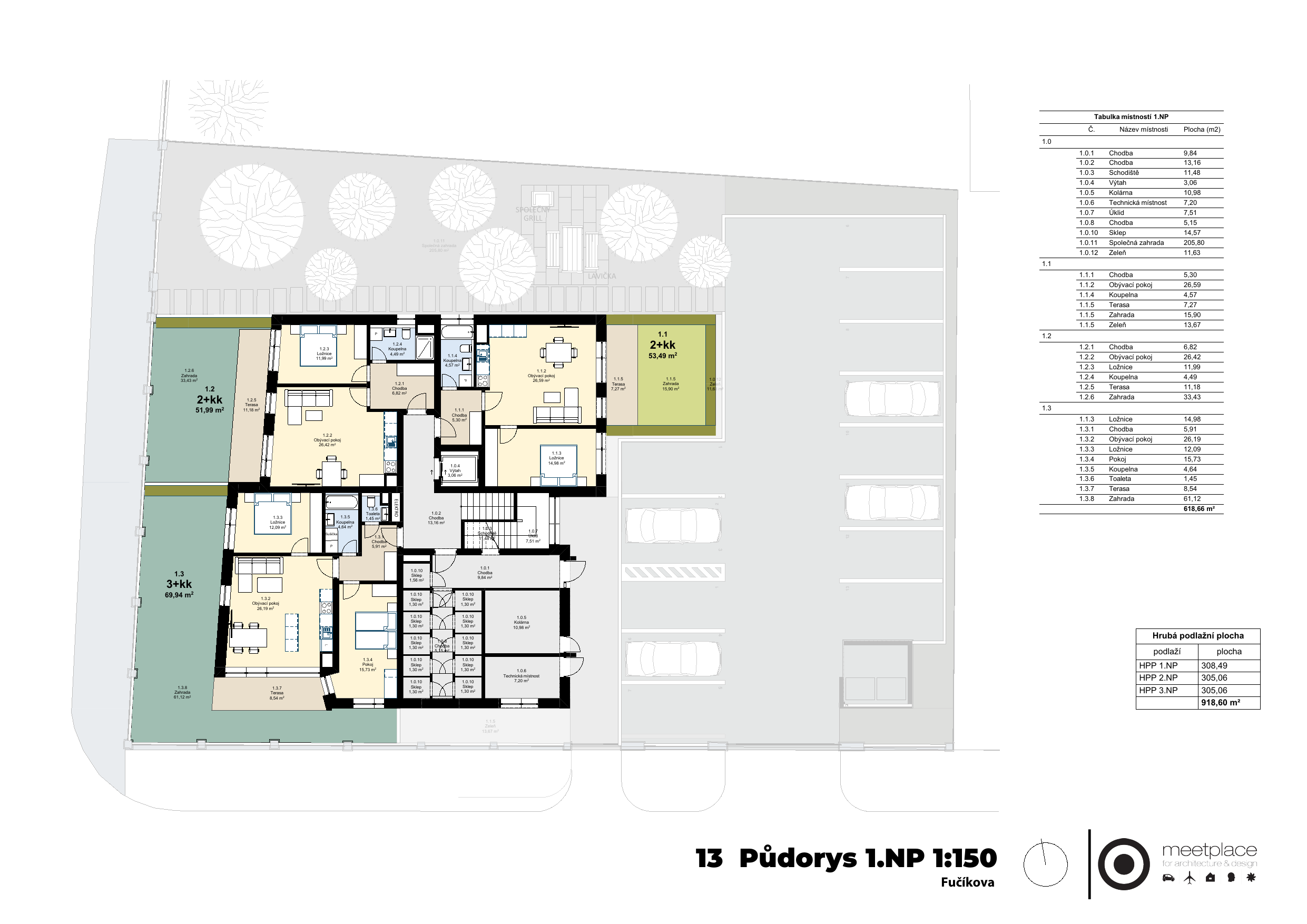 Půdorys 1. NP – architektonická studie Rezidence Malšovice
