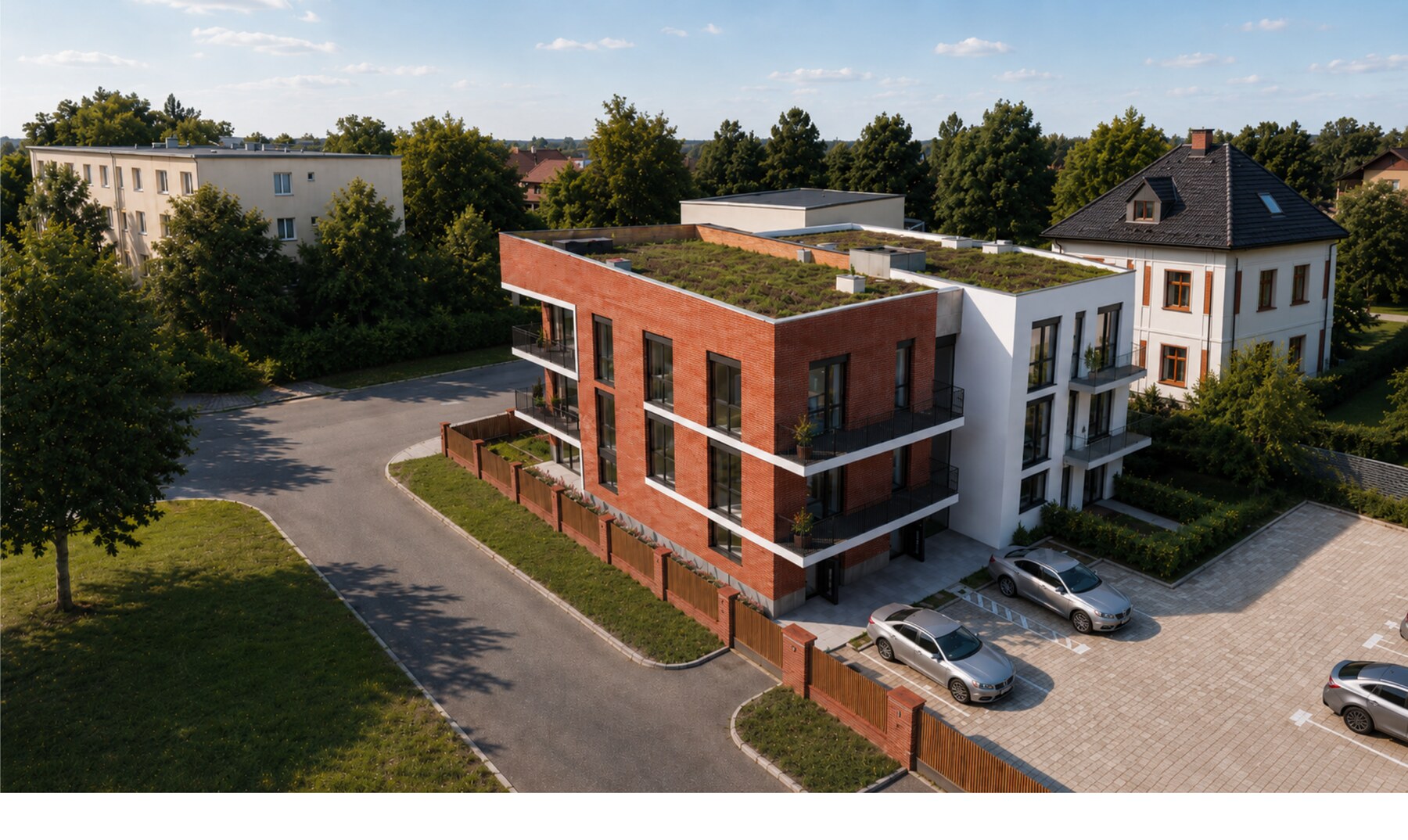 Vizualizace studie – navrhovaný bytový dům z nadhledu od jihovýchodu